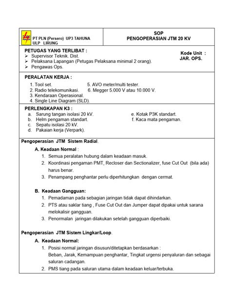 Sop Pengoperasian Jtm 20 Kv Pdf