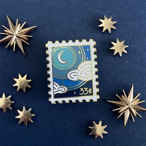 Crescent Sky Postage Stamp Enamel Pin Lapel Pin Moon Postage Pin