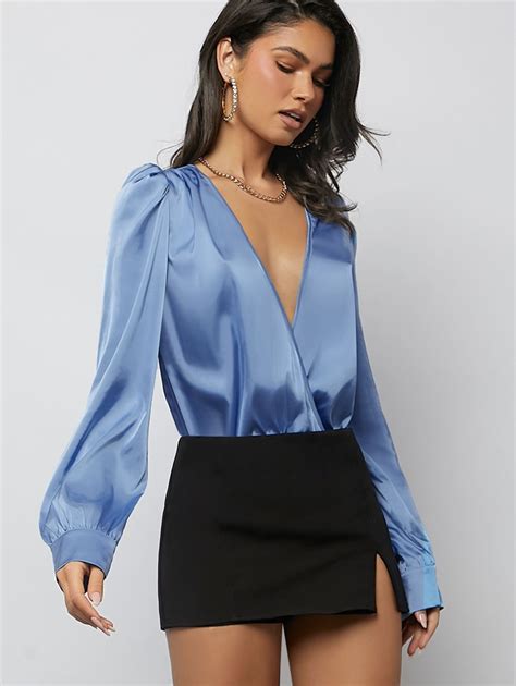 Shein Bae Plunging Neck Puff Sleeve Satin Bodysuit Shein Usa