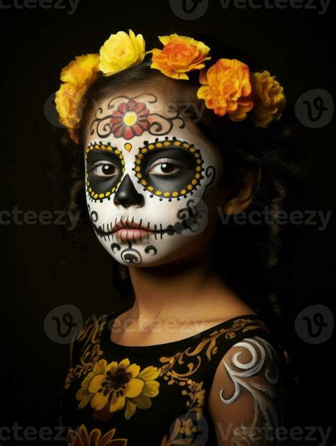 kid in Day of the Dead makeup with playful emotional dynamic pose AI Generative 28923193 Stock ...