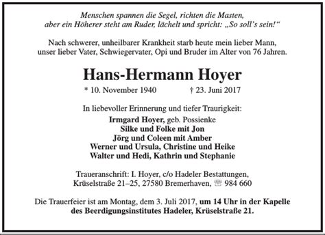 Hans Hermann Hoyer Gedenken Nordsee Zeitung