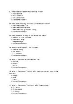 The Outsiders Multiple Choice Questions Test By Macnully Tpt