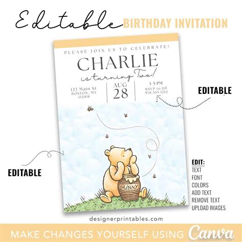 Editable Birthday Invitation Winnie The Pooh Inspired Worksheets