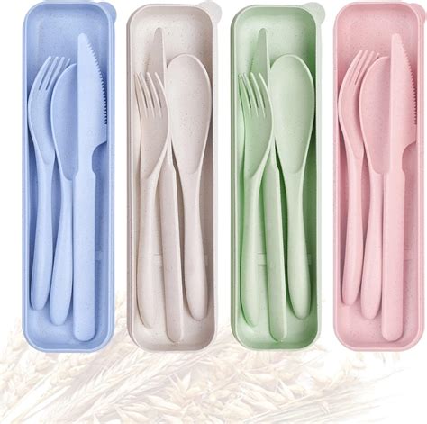 Reusable Travel Utensils Set With Case 4 Sets Wheat Straw Portable Knife Fork