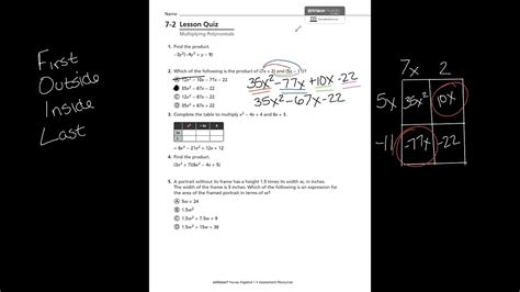 Algebra 1 7 2 Multiplying Polynomials Quiz Worksheets Library