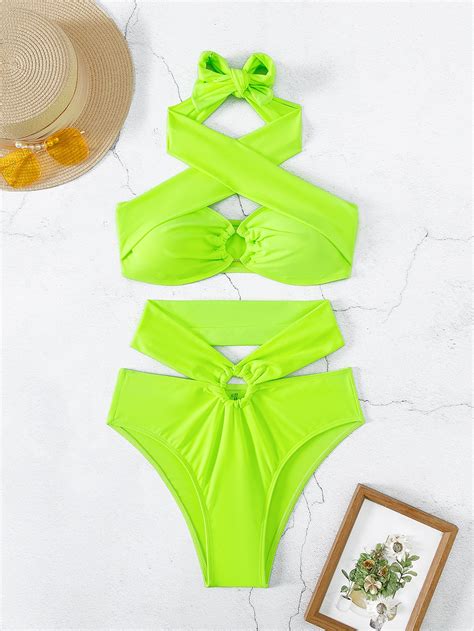 Criss Cross Halter High Waisted Bikini Swimsuit Shein Usa