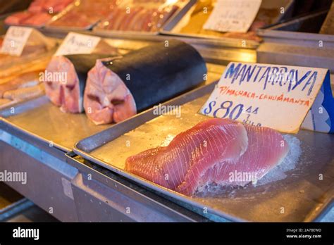 Manta ray, Manta birostris, meat for sale in Ensenada, Mexico. Mantas are related to sharks and ...