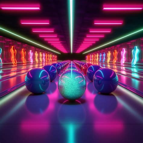 A Brightly Lit Bowling Alley With A Bowling Ball And Neon Lights