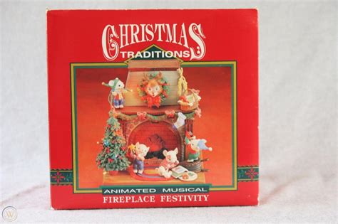 RARE Enesco Christmas Mice Around FIREPLACE FESTIVITIES Lights Action Music Box | #1909451909