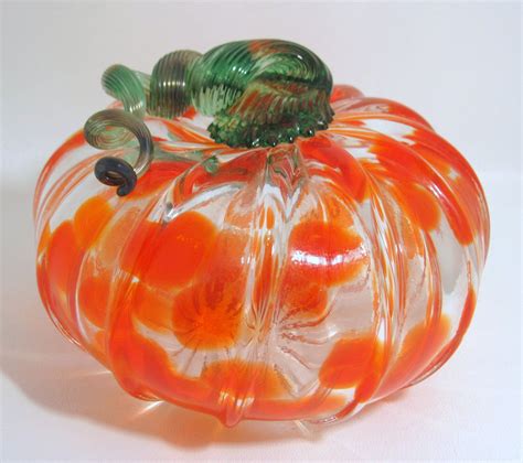 Hand Blown Art Glass Pumpkin Orange Green Curly Stem Fall Halloween Thanksgiving By