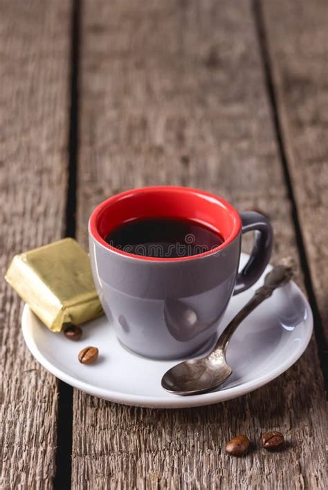 Cup Of Espresso Gray Coffee Cup With Black Coffee On Wooden Background