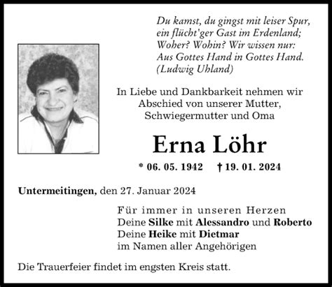 Traueranzeigen von Erna Löhr Augsburger Allgemeine Zeitung