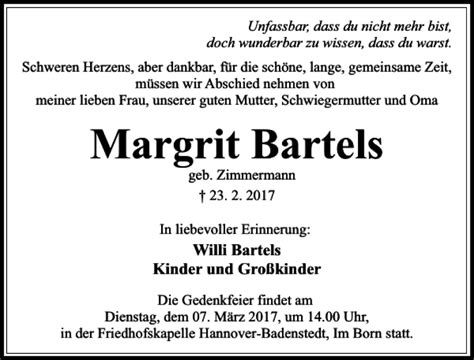 Traueranzeigen Von Margrit Bartels Trauer Anzeigen De