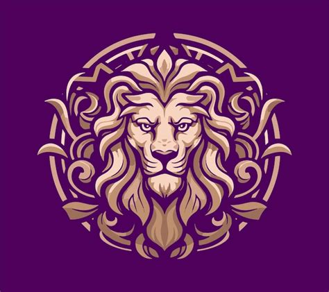 Un logo de león con un fondo morado Vector Premium