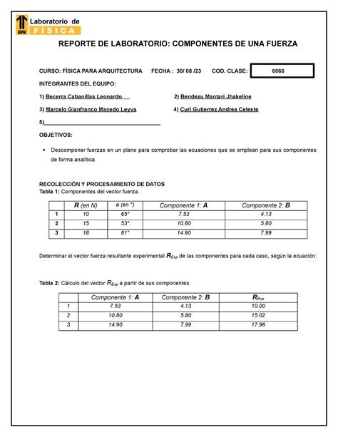 Reporte Lab Fisiarq S Cf Reporte De Laboratorio Componentes De Una