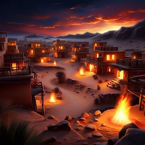 Desert village in dark warm night with flames by Aabir Ahmed - Playground