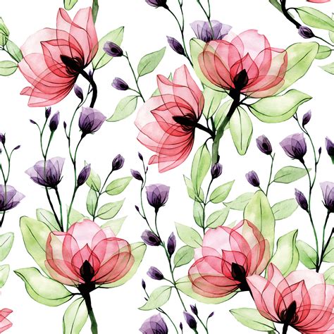 Watercolor Seamless Pattern With Transparent Flowers Vintage Print