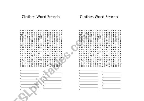 English Worksheets Clothes Word Search