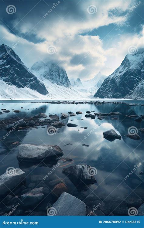 Lake Surrounded By Snow Capped Mountains In Alaska Stock Illustration