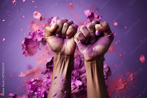 Womans Fist On Purple Backgrounda Symbol Of The Feminist Movement