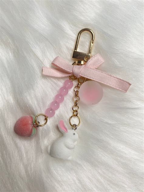 Cute Handmade Bunny And Peach Bag Charm Keychain Agenda Charm Total