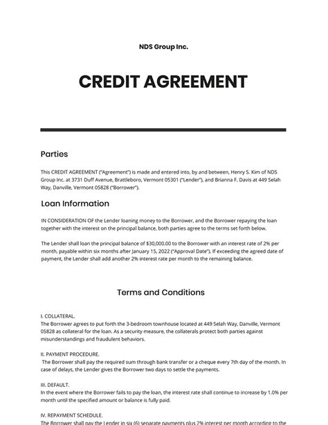 Credit Agreement Template