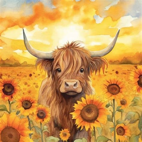 Highland Cow Print In The Fall With Sunflowers Etsy Canada In 2023