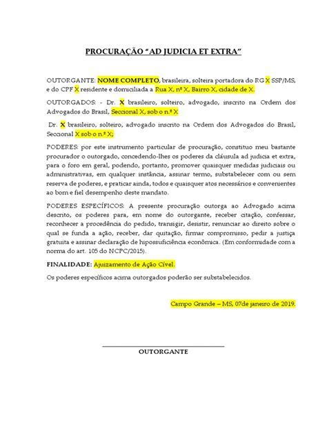 Exemplo De Procuração Ad Judicia Et Extra Vários Exemplos