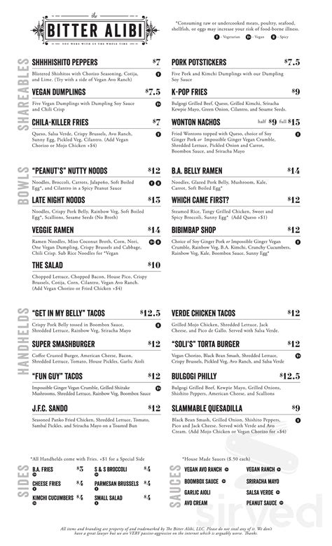 The Bitter Alibi menu in Chattanooga, Tennessee, USA