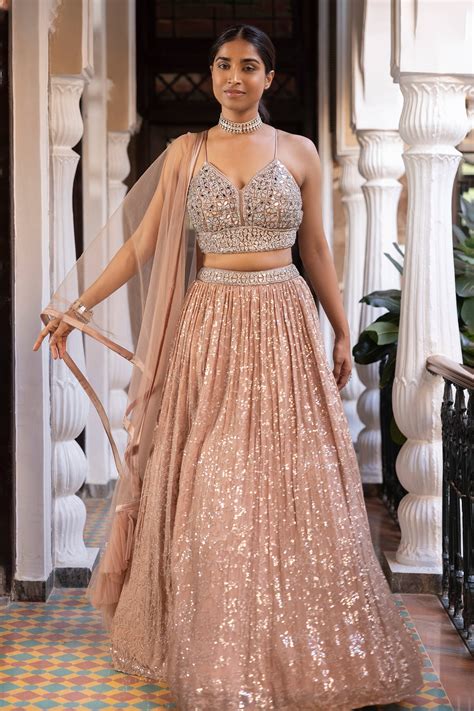 Buy Pink Georgette Embroidered Sequins V Neck Bridal Lehenga Set For