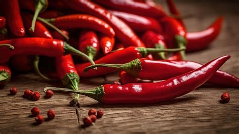 Premium Ai Image Red Chili Peppers On A Wooden Table