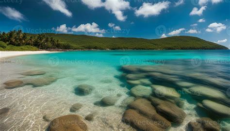 Ai Generated A Beautiful Beach With Clear Water And Rocks 36538422