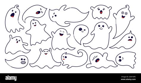 Ghost Spook Horror Contour Doodle Set Halloween Apparition Simple Cute And Scary Ghostly