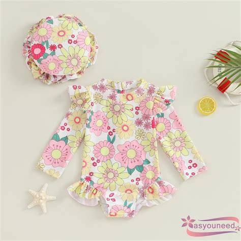 Aay Baby Girls Swimsuit Flower Print Long Sleeve Bikini With Hat Newborn Swimwear For Summer