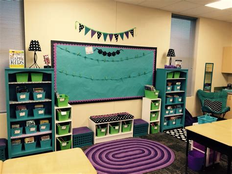 Classroom Library Pride Bulletin Board Purple Rug Polka Dot Lamps Classroom Decor