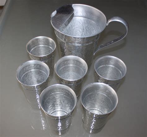 Lovely Vintage Hammered Aluminum Pitcher And 6 Glasses By