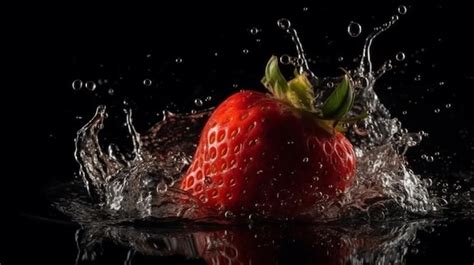 Fresas Cayendo Al Agua Con Salpicaduras Y Ondas Sobre Fondo Negro