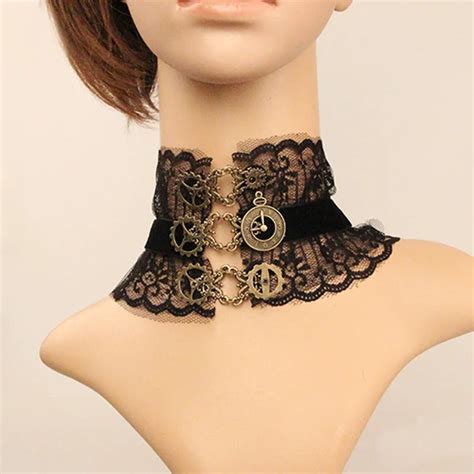 Hollow Lace Charm Necklace Steam Engine Gear Clock Statement Chokers