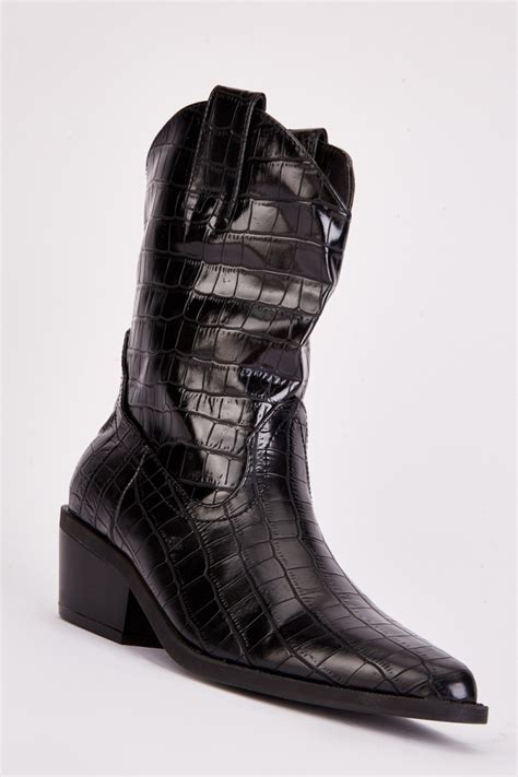 Mock Croc Pointy Cowboy Boots - Black - Just $11