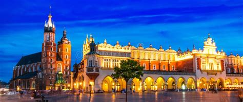 Main Market Square With Saint Mary S Basilica In Krakow Poland