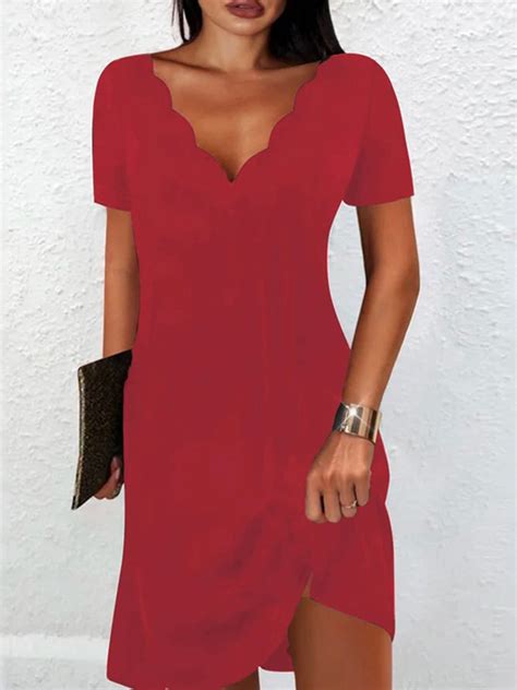 Casual Solid V Neck Short Sleeve Knit Dress Noracora