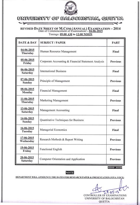 University Of Balochistan M Com Revised Date Sheet 2015