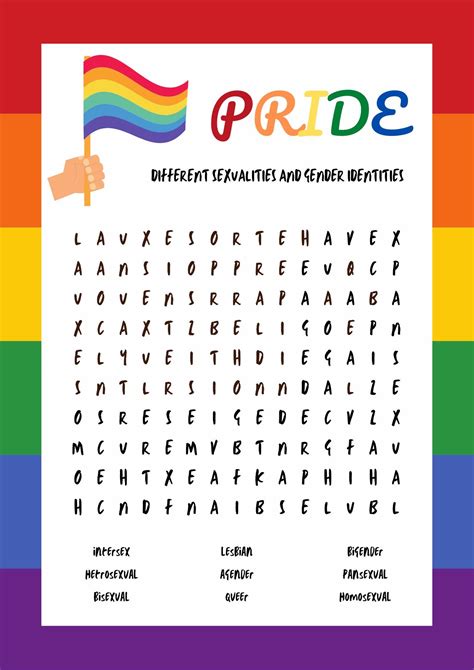 A Rainbow Word Search Page With The Words Pride On It And A Hand