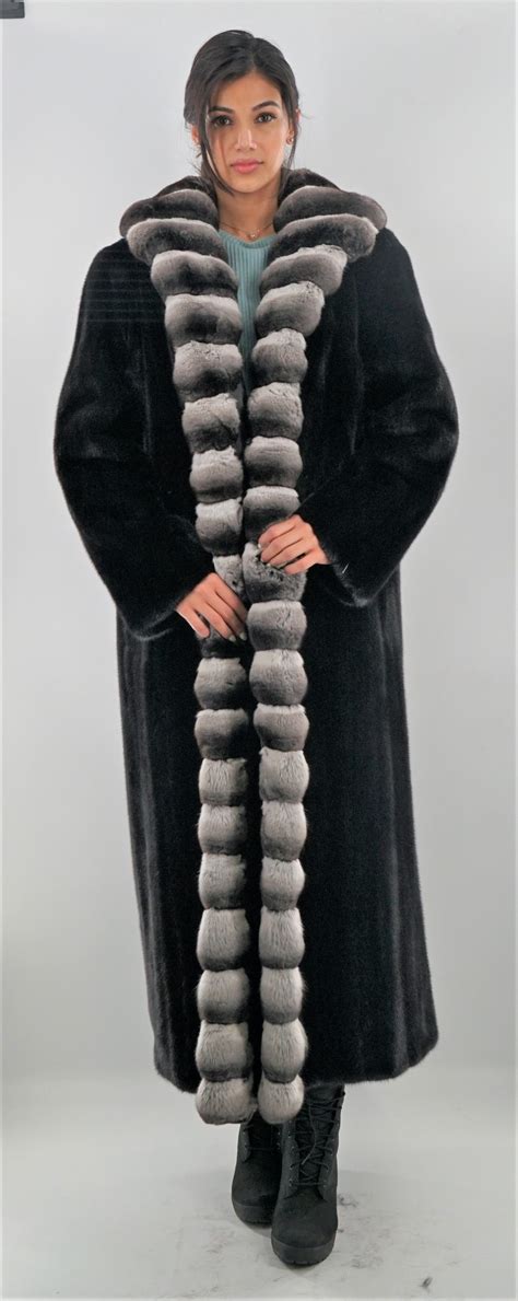 Full Length Ranch Mink Coat With Chinchilla Fur Tuxedo Trim Chinchilla