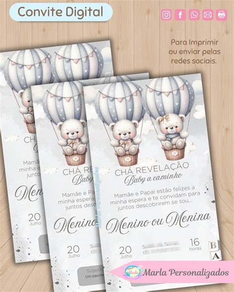 Convite Digital Chá de Fraldas Ursinho Cinza Nude Elo7