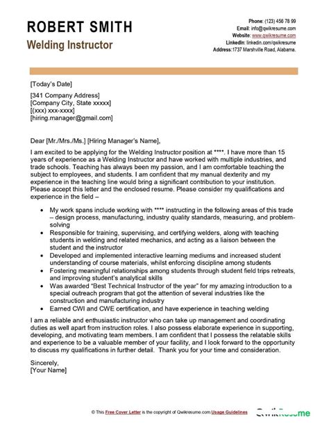 Welding Instructor Cover Letter Examples QwikResume