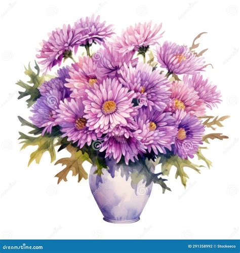 High Detailed Watercolor Painting Of Flowers In Purple Vase Stock