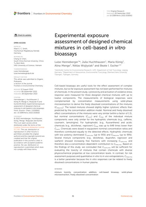 Pdf Experimental Exposure Assessment Of Designed Chemical Mixtures In Cell Based In Vitro