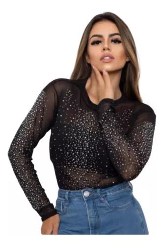 Body Blusa Manga Longa Tule Pedraria Brilho Strass Festa Parcelamento