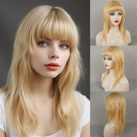 Long Shag Human Hair Wig With Bangs Blonde Wig For Women Hair Loss Cosplay Wigs Etsy